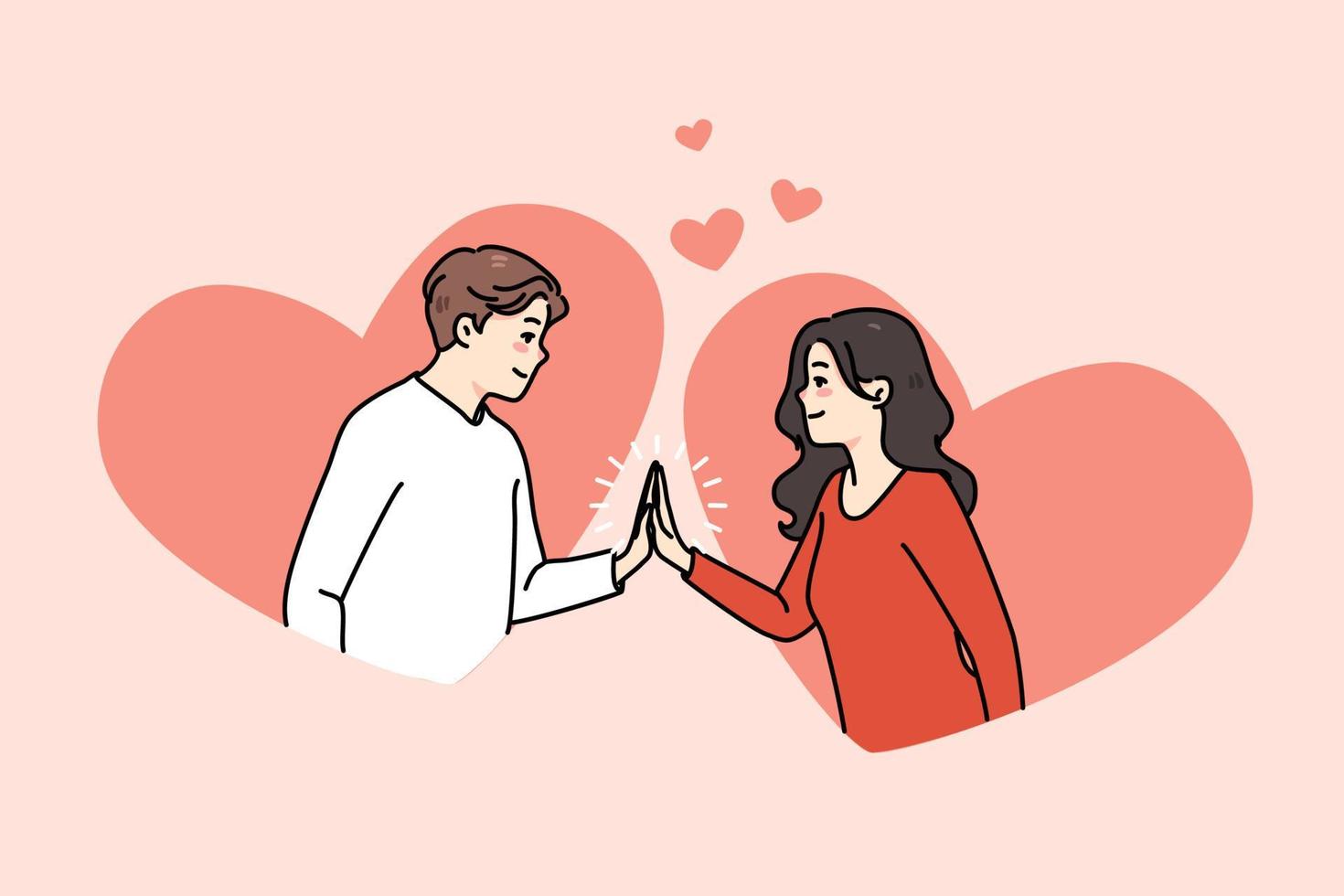 Happy young man and woman touch hands look in eyes feel in love. Smiling caring couple have close intimate bonding moment. Good relationships concept. Flat vector illustration.