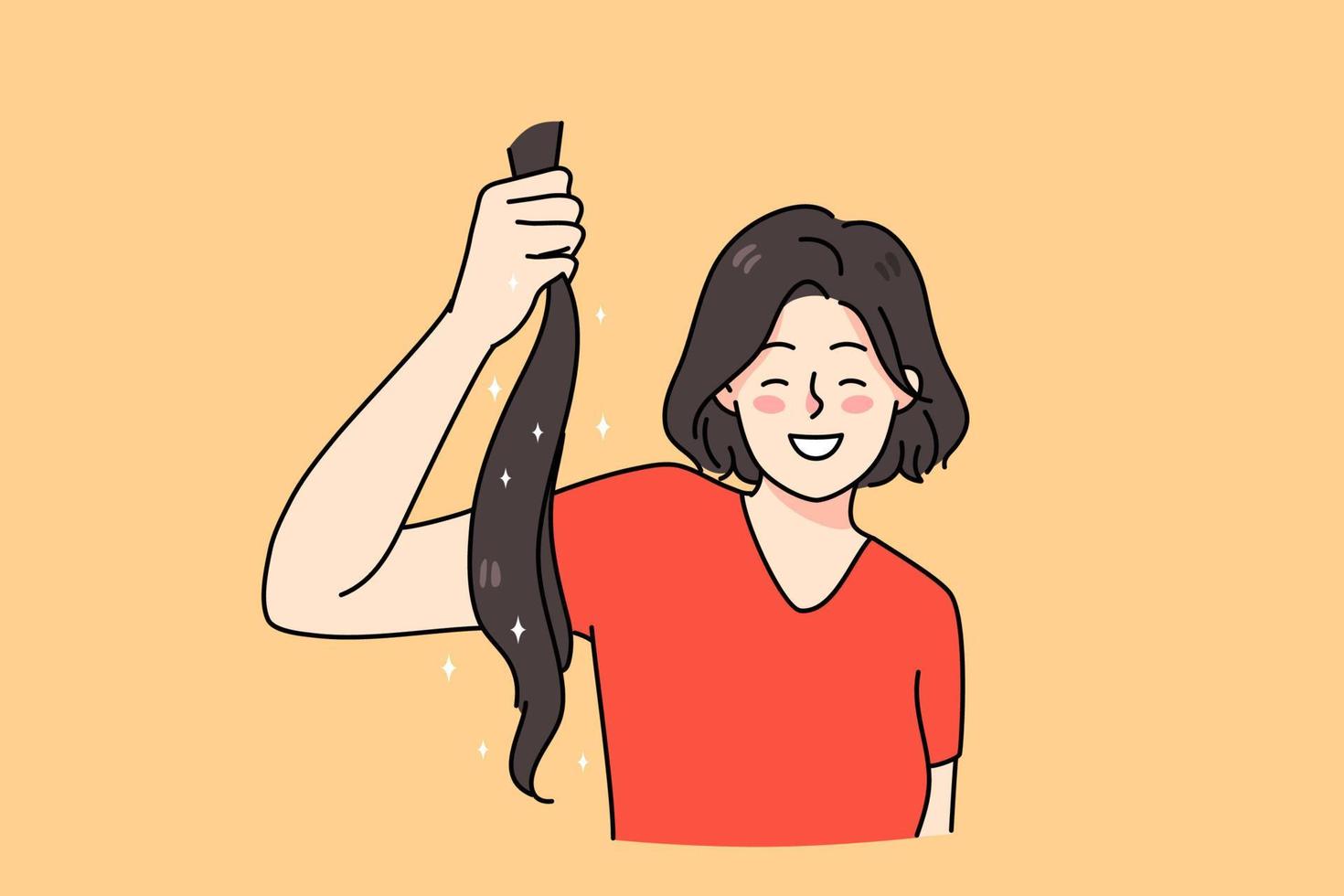 Smiling young woman hold ponytail do hair donation to needy people. Happy female volunteer donate healthy hair for wigs. Flat vector illustration, cartoon character.