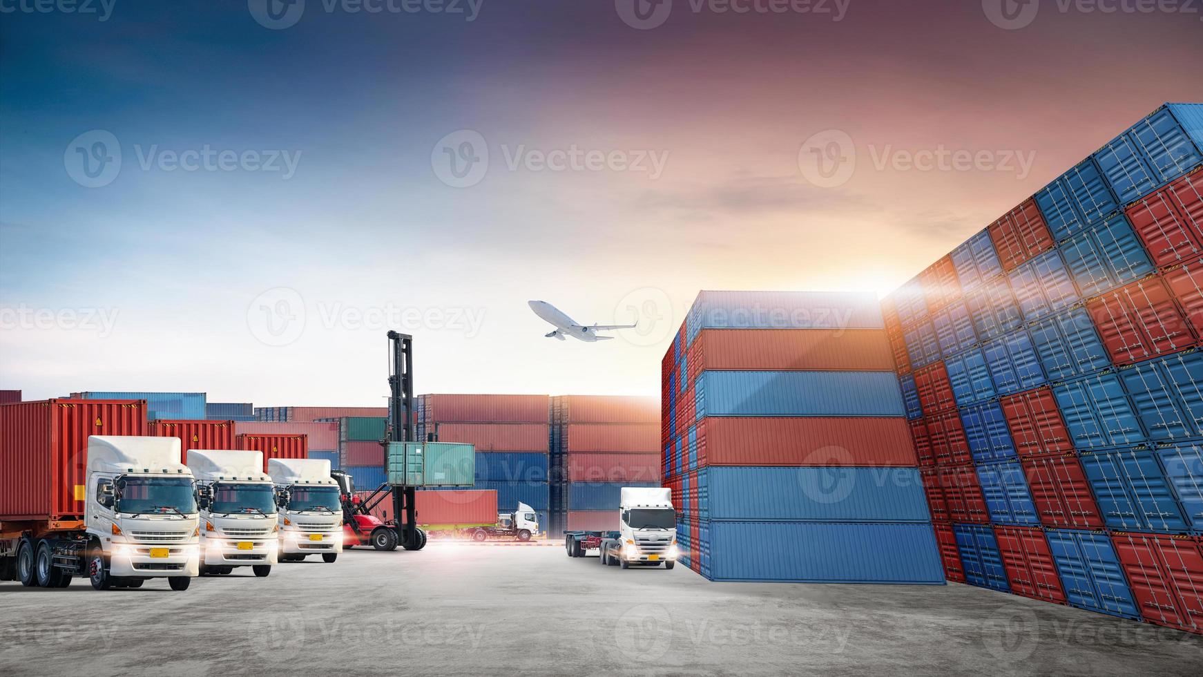 Transport of container handler loading and unloading with truck at container yard, cargo airplane, Logistics import export goods of freight carrier and global transportation industry concept photo