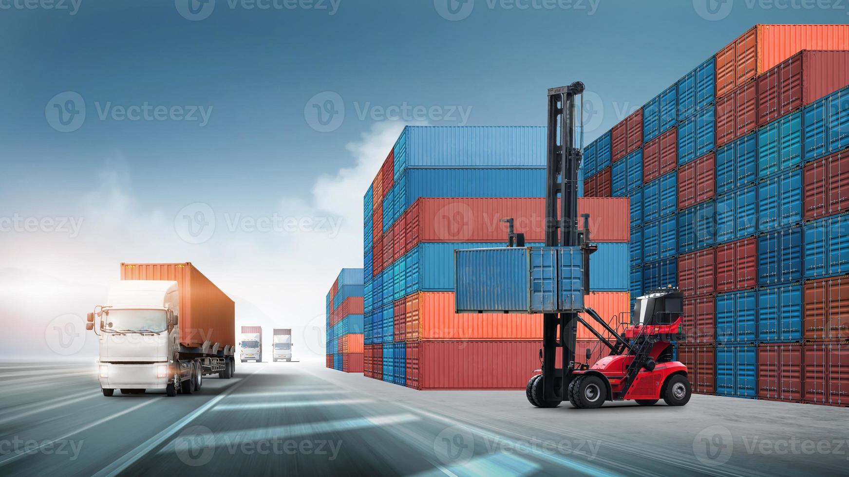 Transport of Container Truck on highway and Container Handler forklift lifting in shipping yard background, Logistics import export goods of freight carrier and transportation industry concept photo