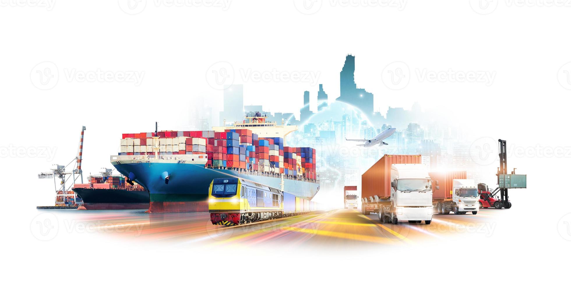 Logistics import export and International transportation of containers cargo ship at port, freight train, container handlers, cargo plane, truck on city white background, transport industry concept photo