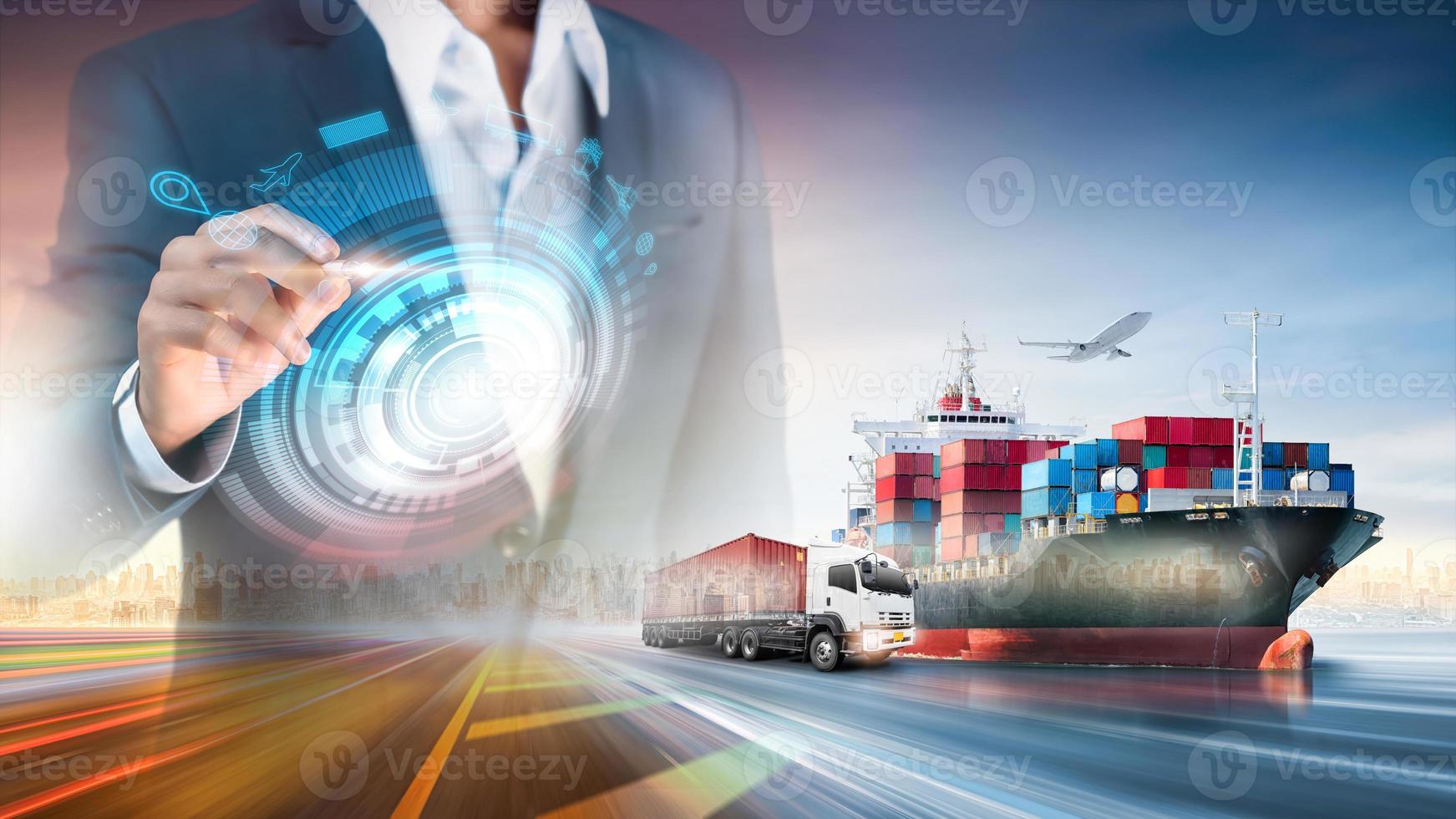 Smart logistics and transportation import export concept, Global Business logistic network distribution of Cargo freight ship, Cargo plane, freight train, Container truck at industrial port background photo