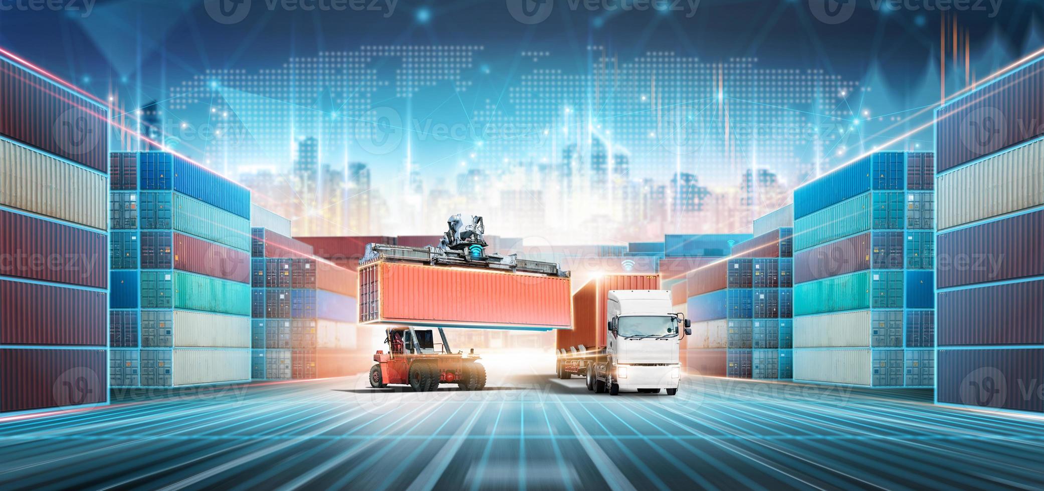 Smart Logistics and Warehouse Technology concept, Real time data location tracking freight shipment delivery, Container truck at port, Global business logistics import export transportation background photo