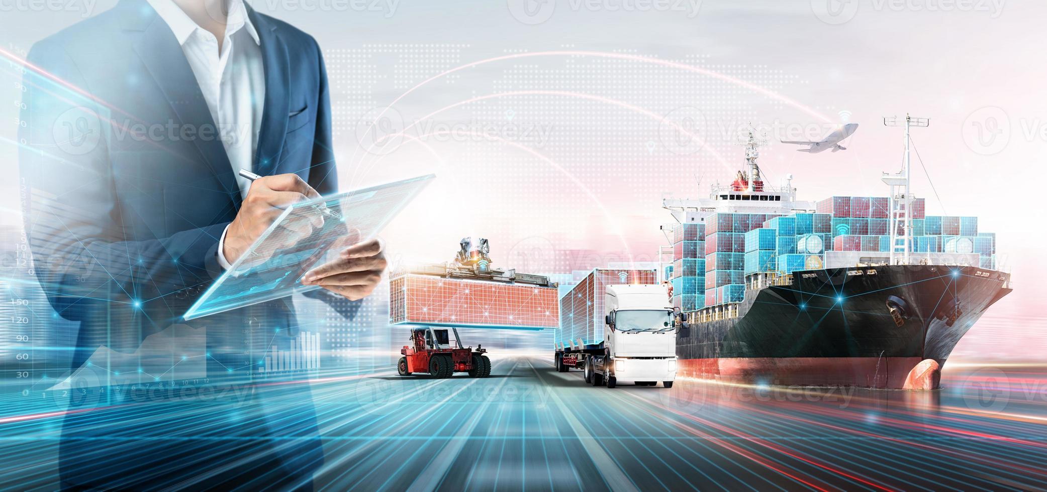 Smart Logistics Global Business and Warehouse Technology Management System Concept, Businessman using tablet control delivery network distribution import export, Double exposure future Transportation photo