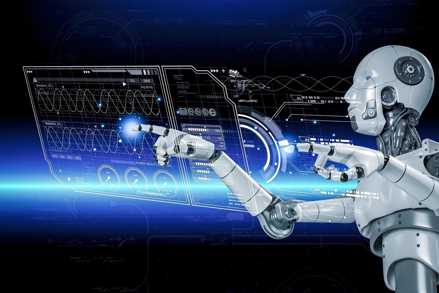 3d representación. artificial inteligencia investigación de robot y cyborg desarrollo para futuro, digitales inteligente mundo metaverso concepto. foto