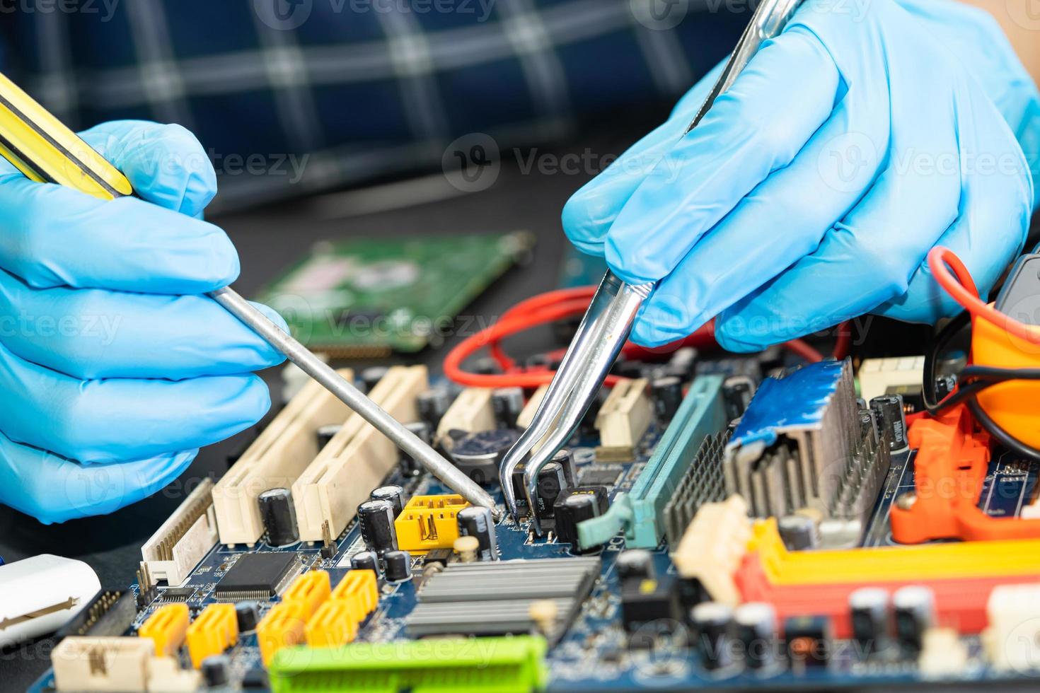 Repairing and upgrade circuit mainboard of notebook, electronic, computer hardware and technology concept. photo