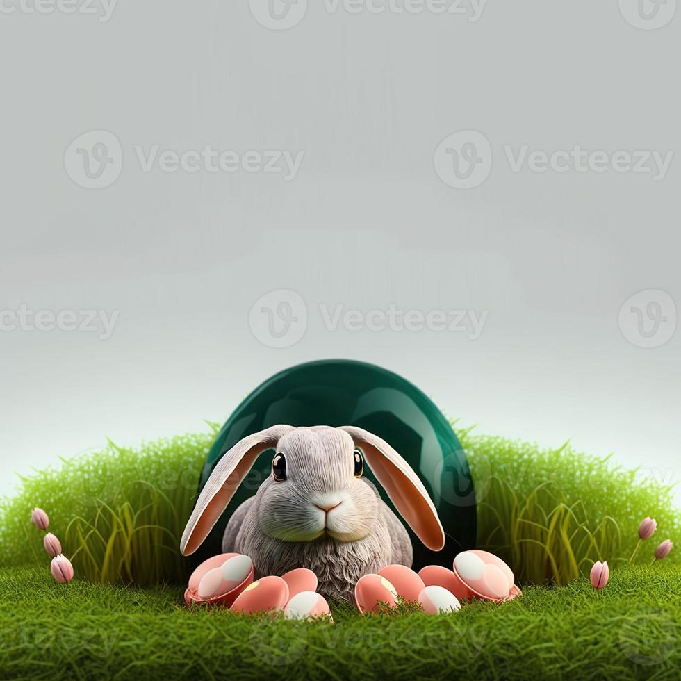 bunny and decorative eggs on green grass and flowers for easter celebration background greeting card with empty space photo