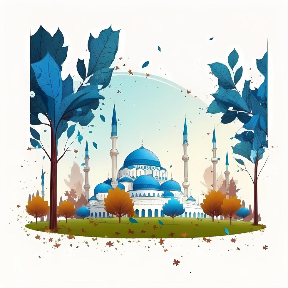 Cute blue mosque In the middle of the grass field on the edges there are trees and some fallen leaves, children's book illustration style. photo