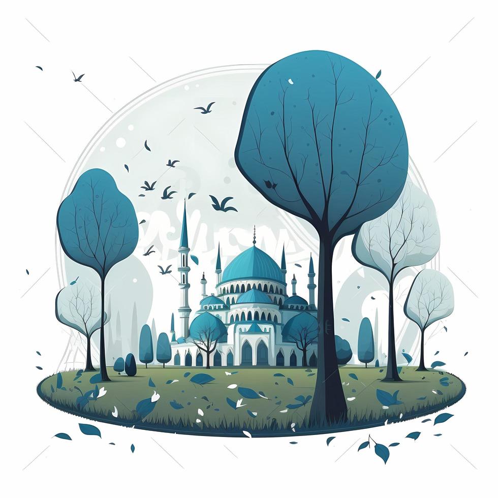 Cute blue mosque In the middle of the grass field on the edges there are trees and some fallen leaves, children's book illustration style. photo