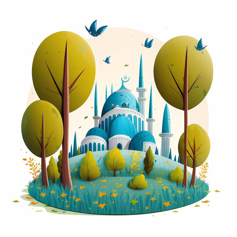 Cute blue mosque In the middle of the grass field on the edges there are trees and some fallen leaves, children's book illustration style. photo
