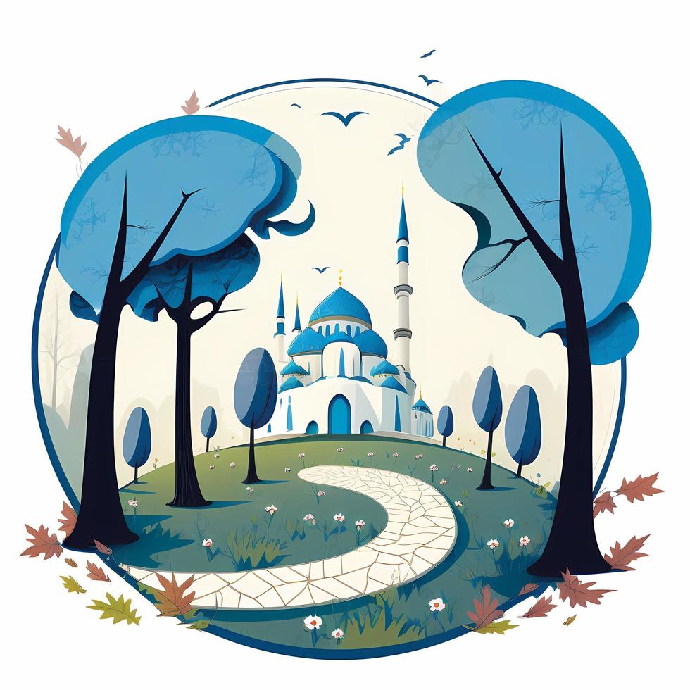 Cute blue mosque In the middle of the grass field on the edges there are trees and some fallen leaves, children's book illustration style. photo