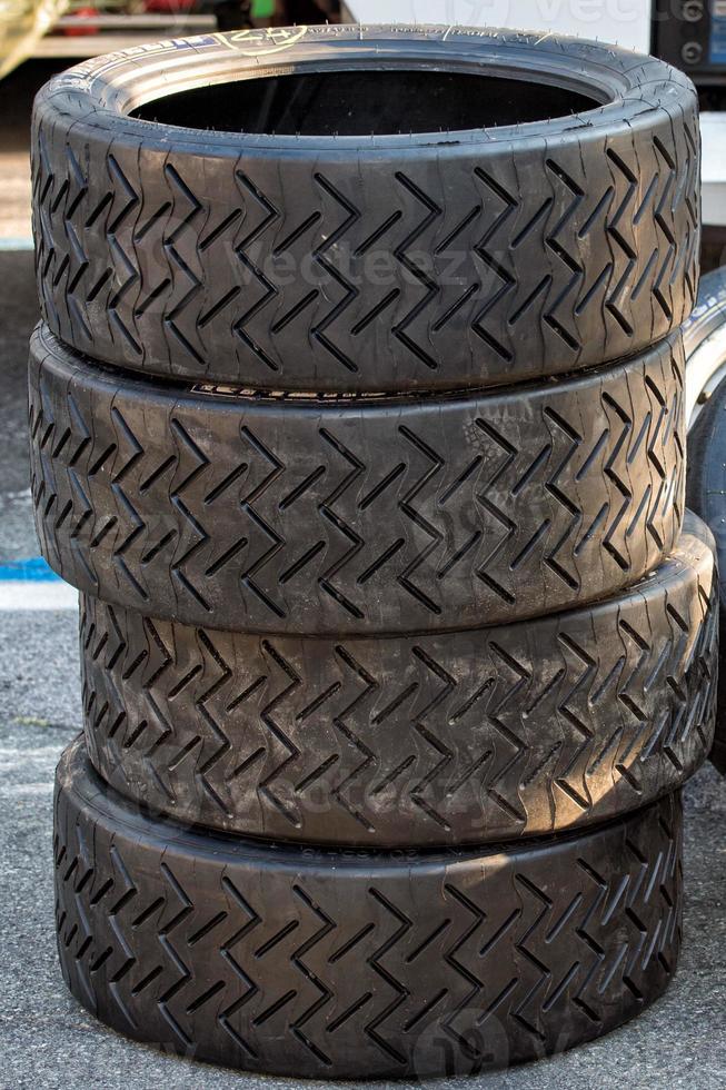 Racing car tire close up photo