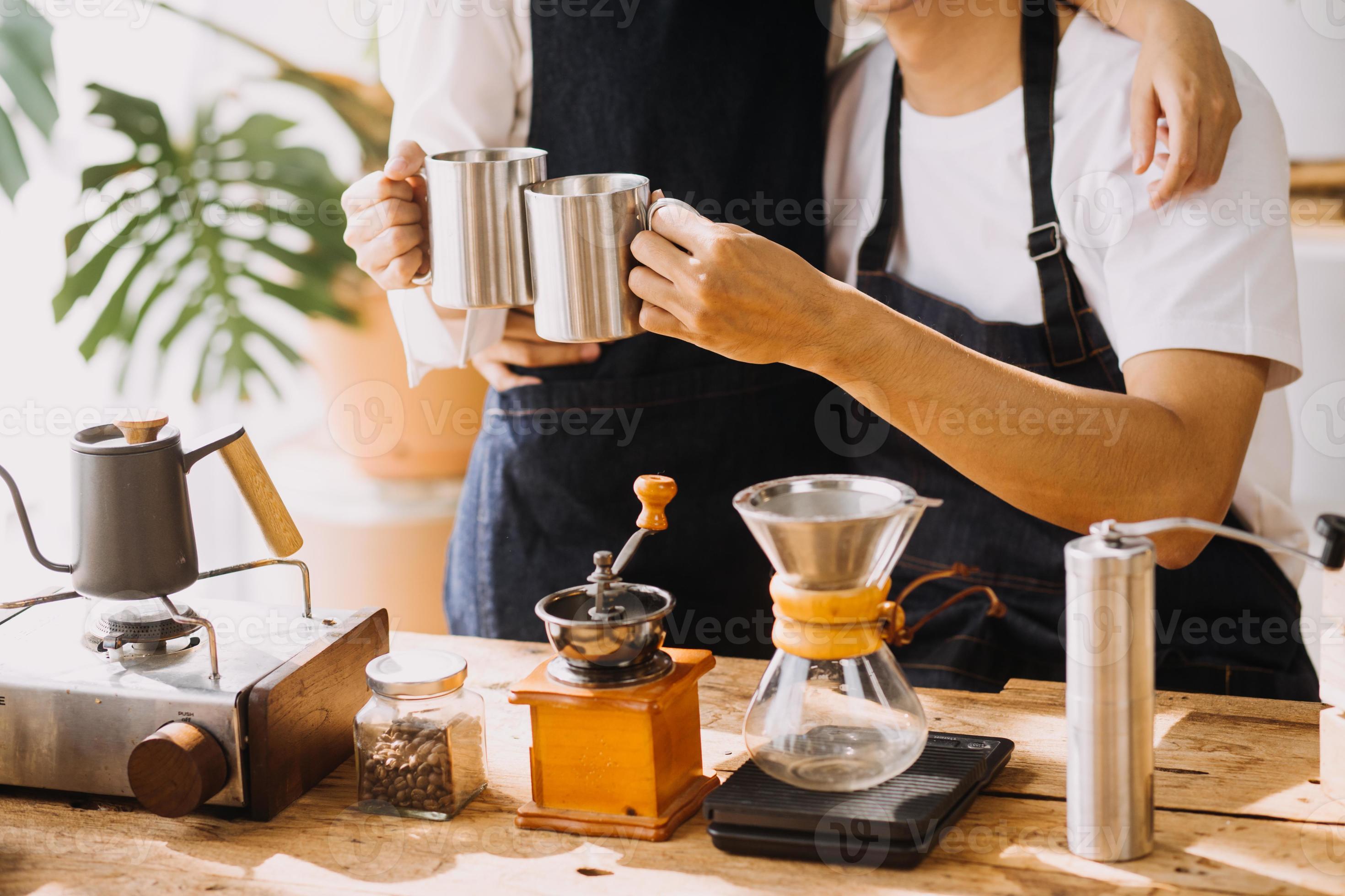 Couple or asian people to smell coffee bean, make or brew coffee in