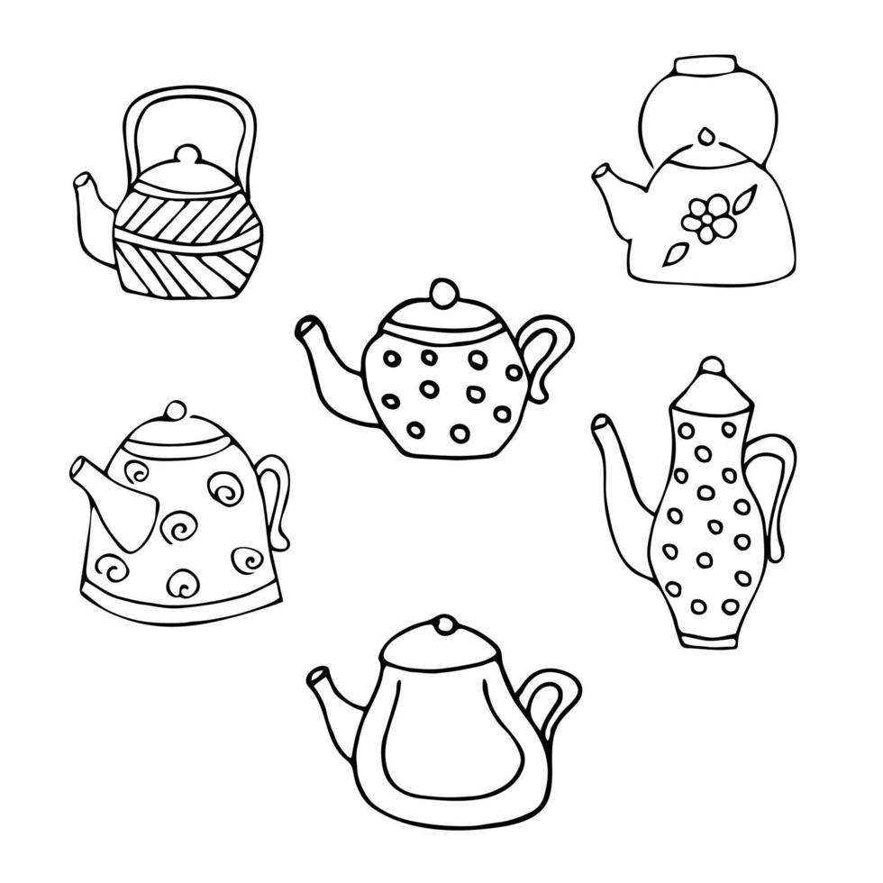 Hand-drawn isolated kettles, on white background, doodle vector