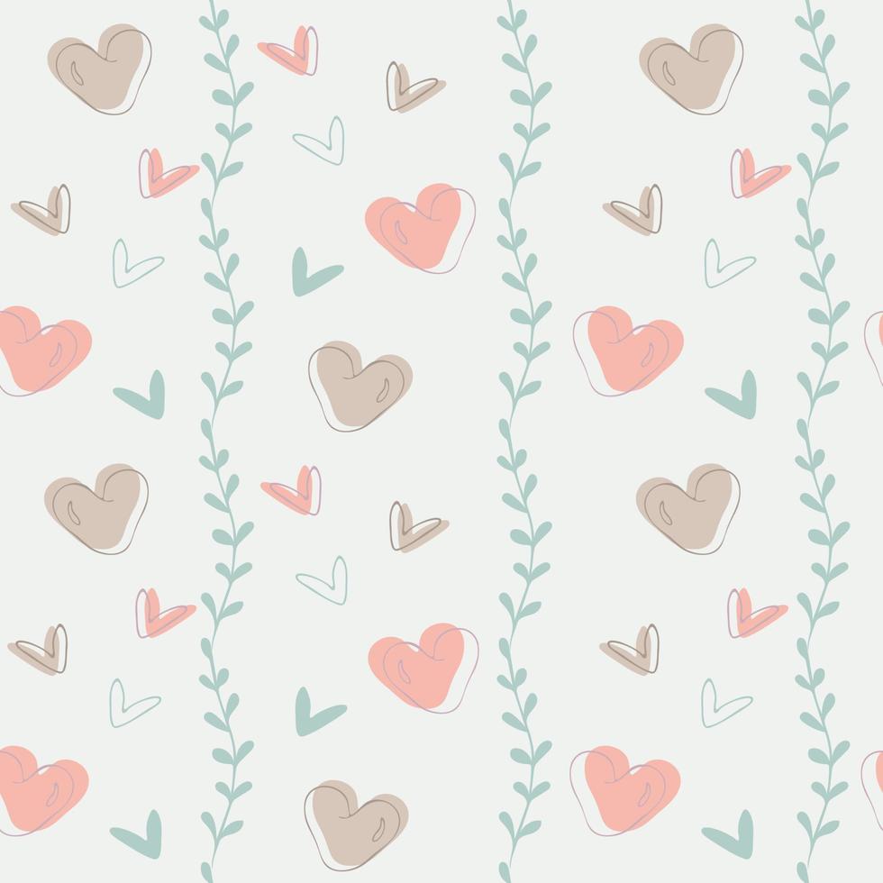 Seamless pattern in light colors with pink, hearts, and green leaves vector