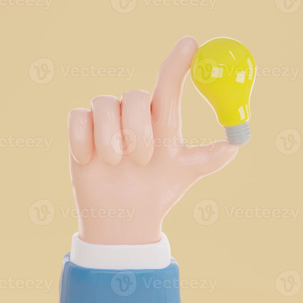 3D render hand holding lightbulb on yellow background. thinking, good idea photo