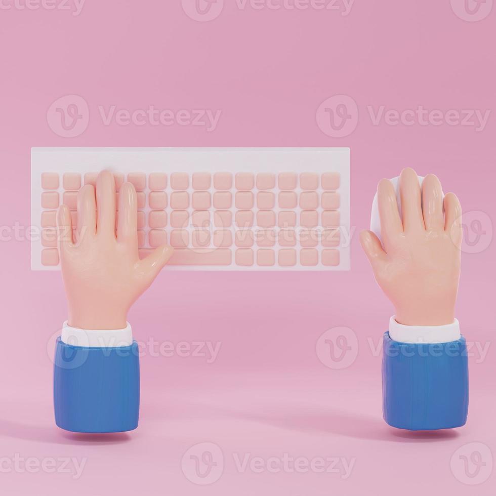 Hand with computer keyboard and mouse on pink background. 3D Rendering photo