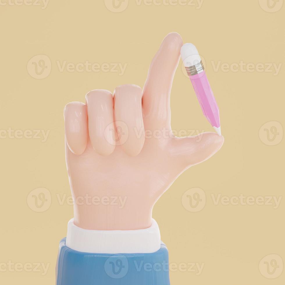 Hand with pen on yellow background, 3d render. Business concept. photo