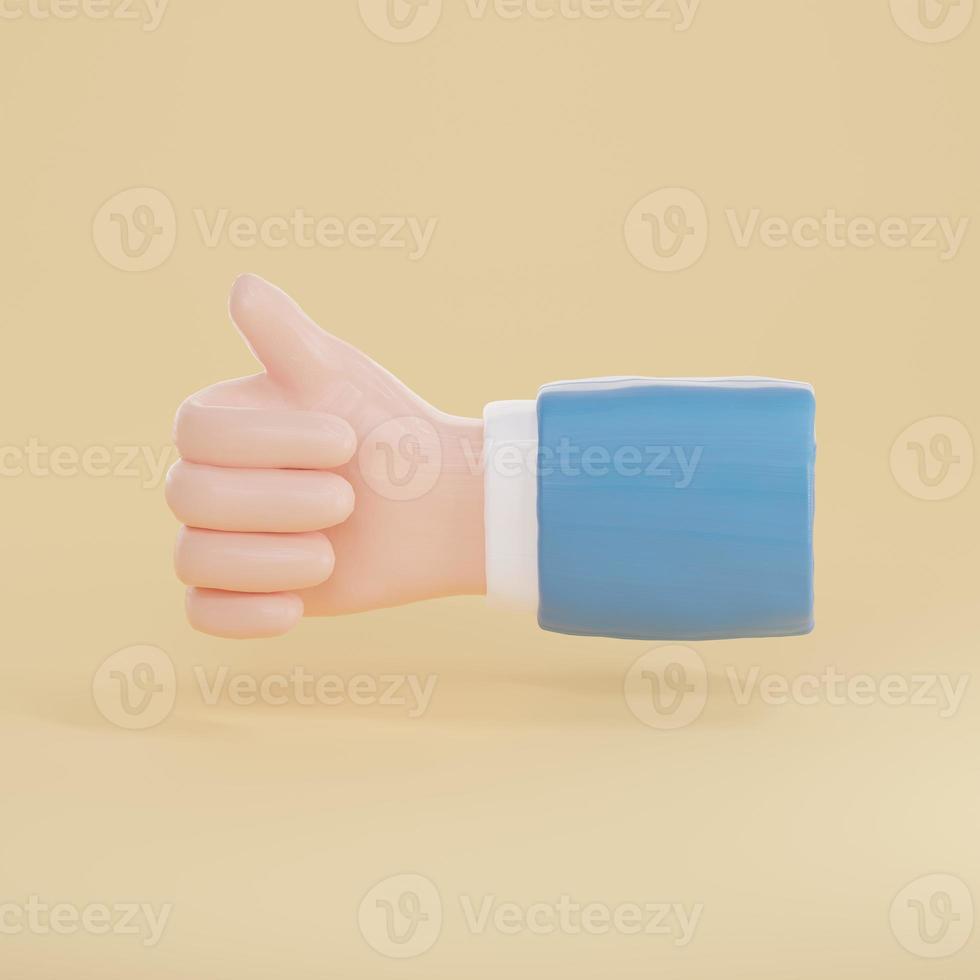 3d render of hand with thumbs up gesture isolated on yellow background. photo