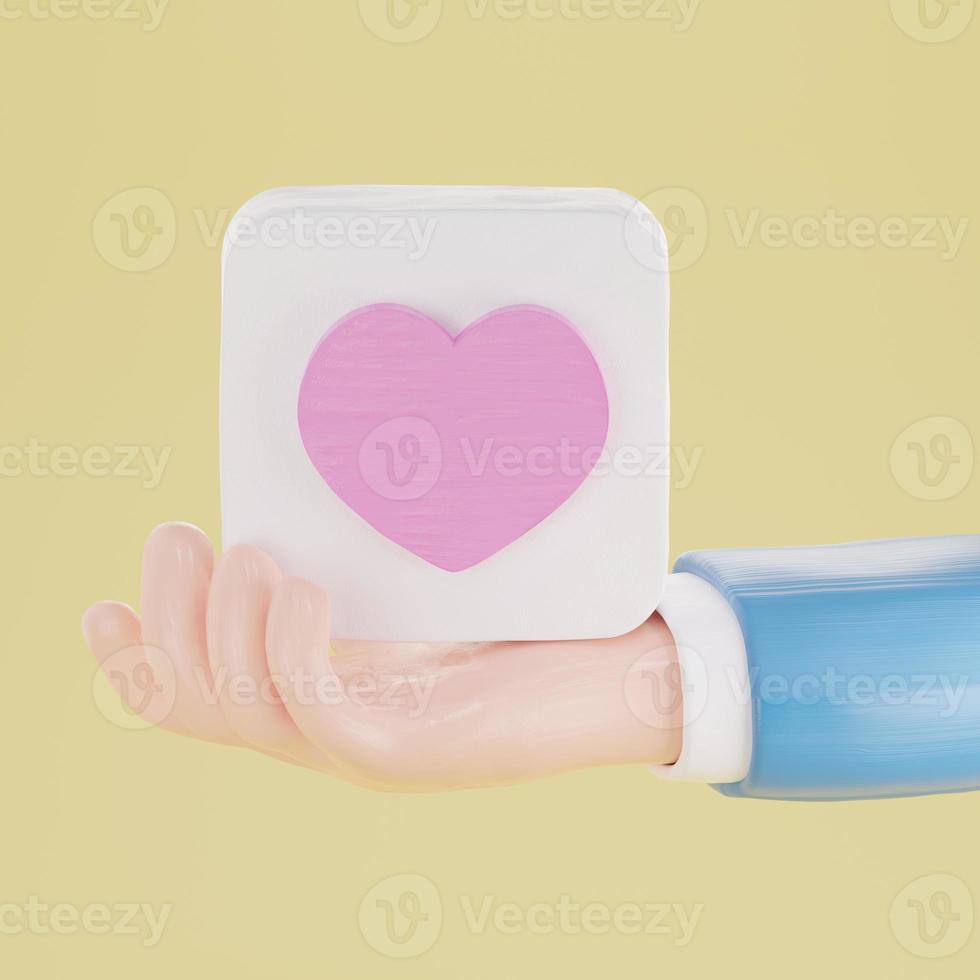 Hand holding a white cube with pink heart on yellow background. 3d rendering photo