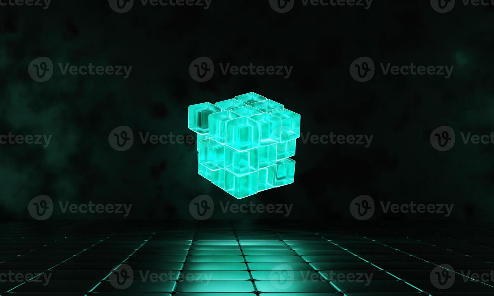 3d render cubes with blue glowing on dark background. photo