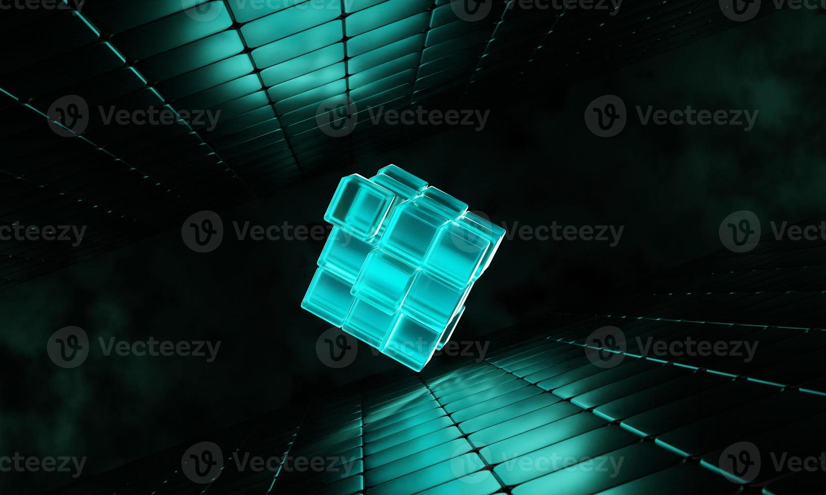 3d render cubes with blue glowing on dark background. photo
