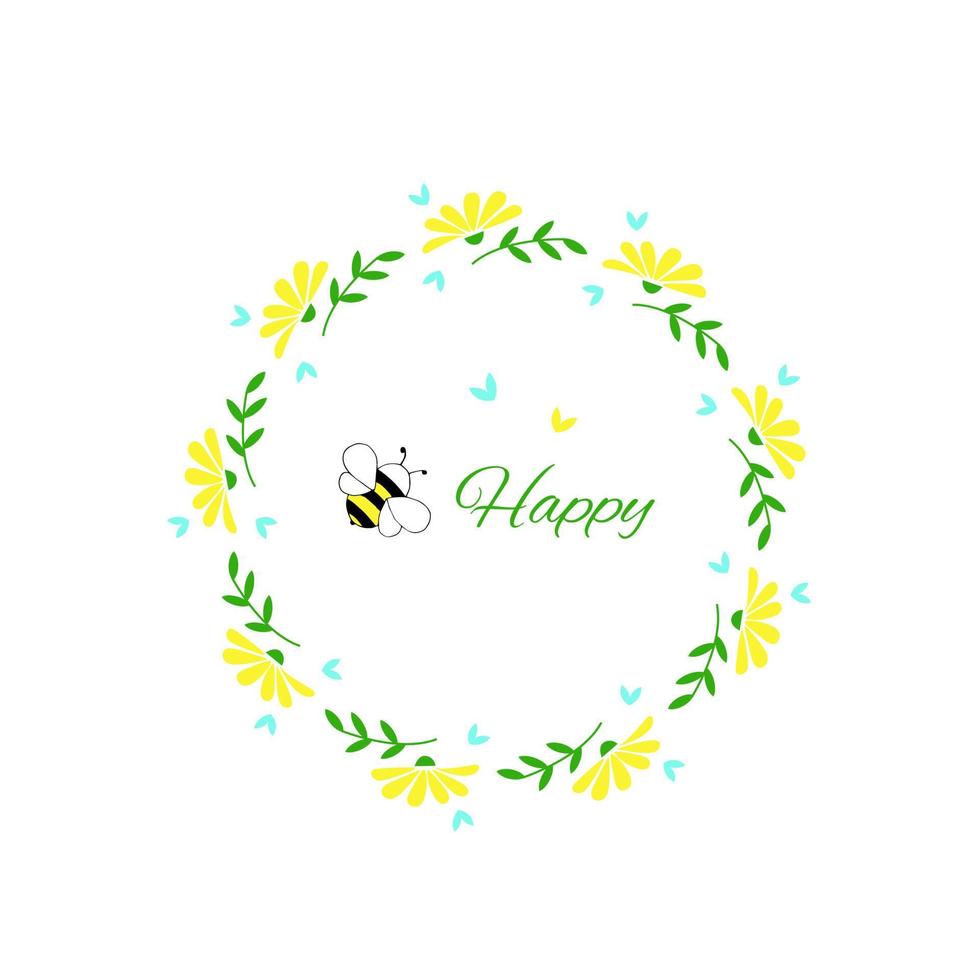 Floral circular wreath. Lettering Bee Happy. Isolated on white background. vector