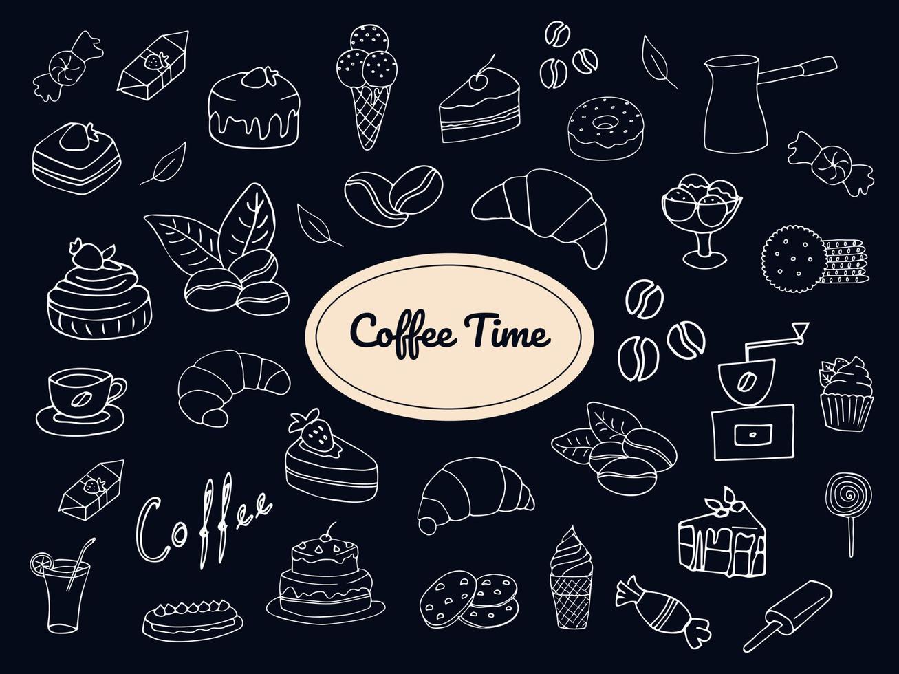 Coffee time doodle hand drawn chalkboard vector symbols and objects