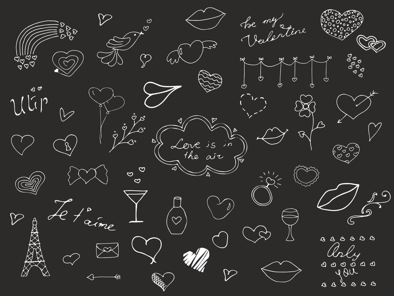 San Valentín día dibujado a mano garabatear corazones colocar, labios en negro antecedentes vector