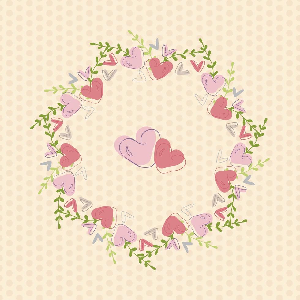 Circular frame with hearts and leaves on dotted background vector