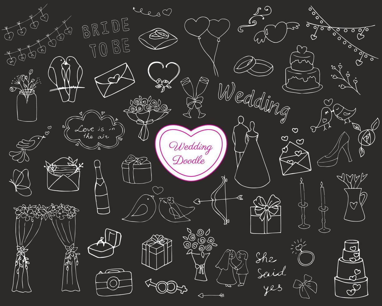 Wedding doodle set on black background, illustration vector