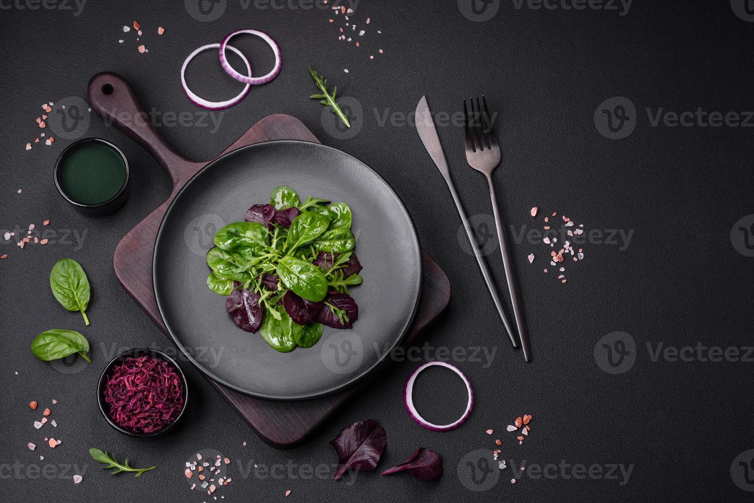 Delicious fresh salad consisting of spinach, chard, radicchio and red chart photo