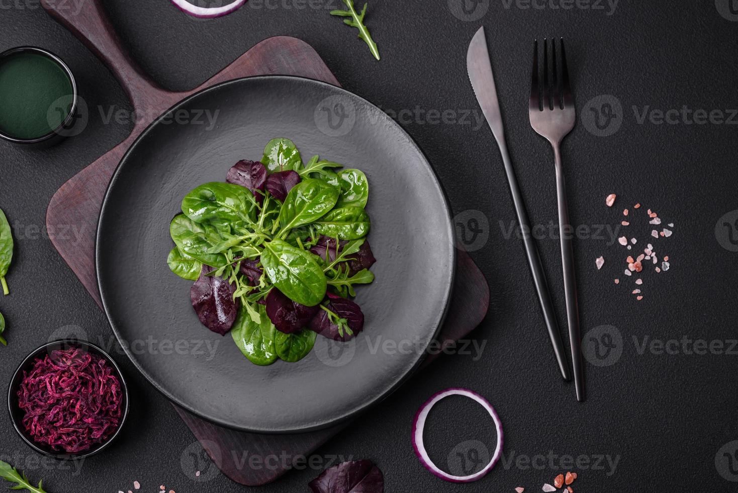 Delicious fresh salad consisting of spinach, chard, radicchio and red chart photo