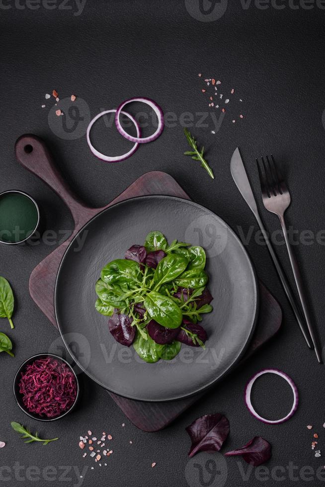 Delicious fresh salad consisting of spinach, chard, radicchio and red chart photo