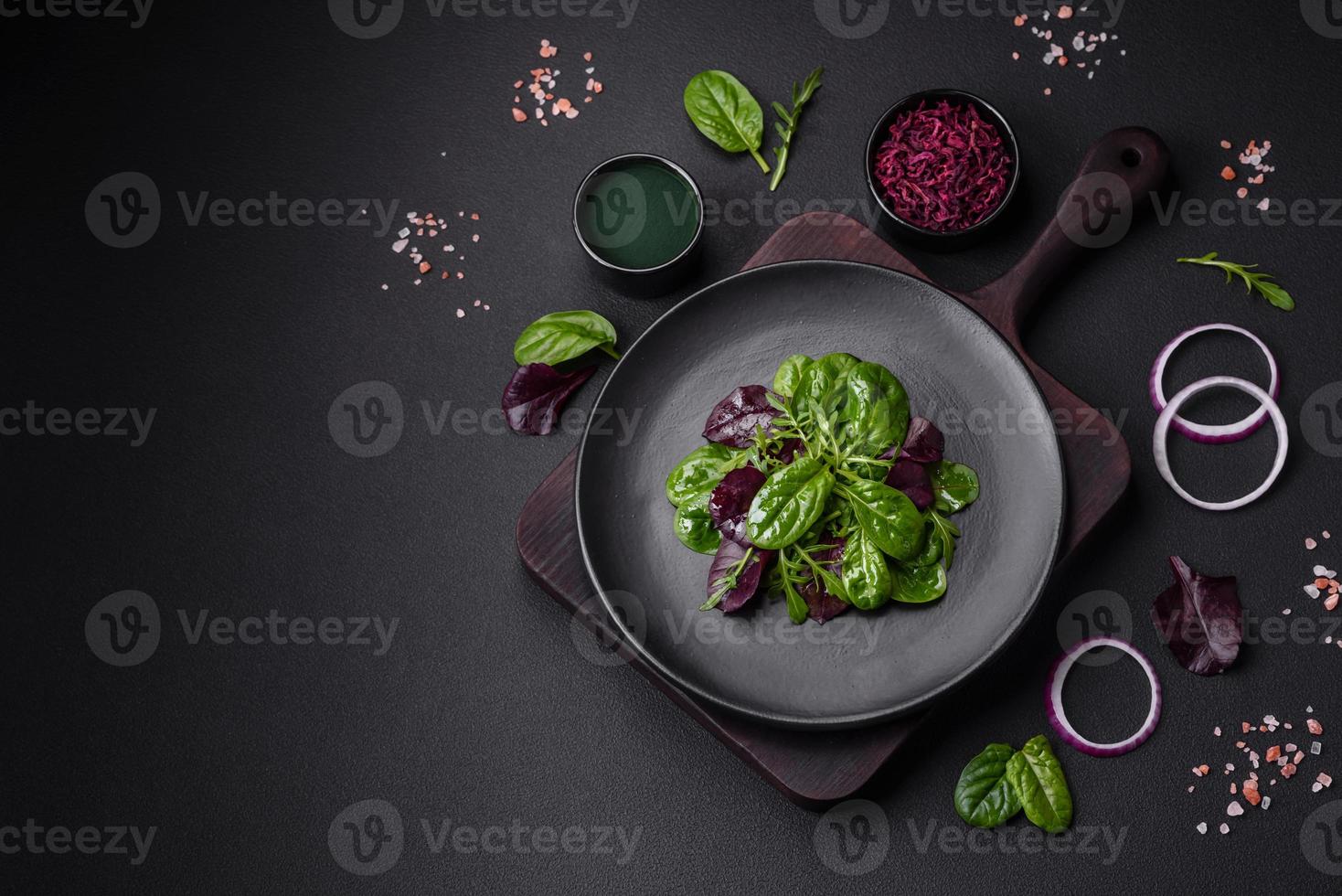 Delicious fresh salad consisting of spinach, chard, radicchio and red chart photo