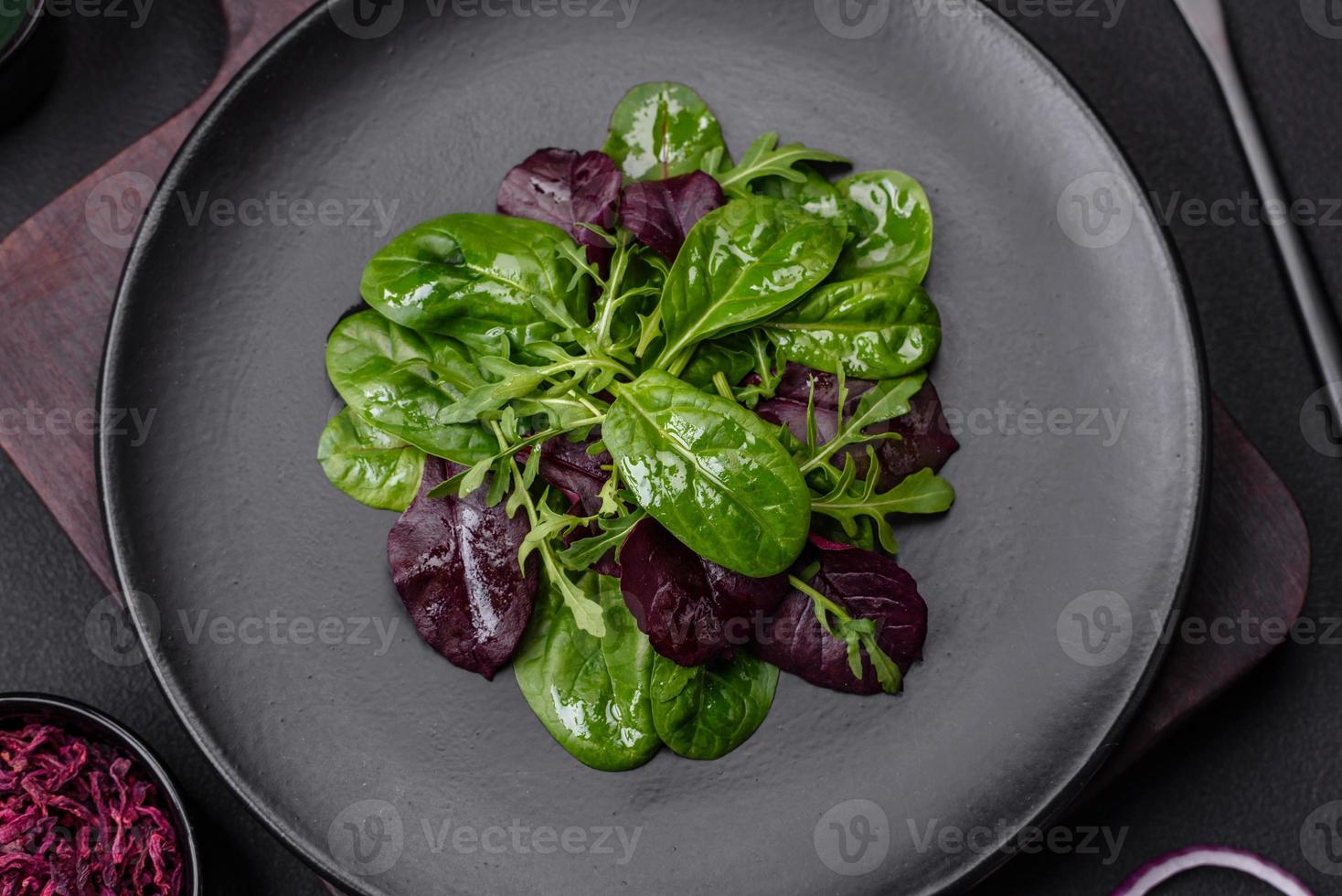 Delicious fresh salad consisting of spinach, chard, radicchio and red chart photo