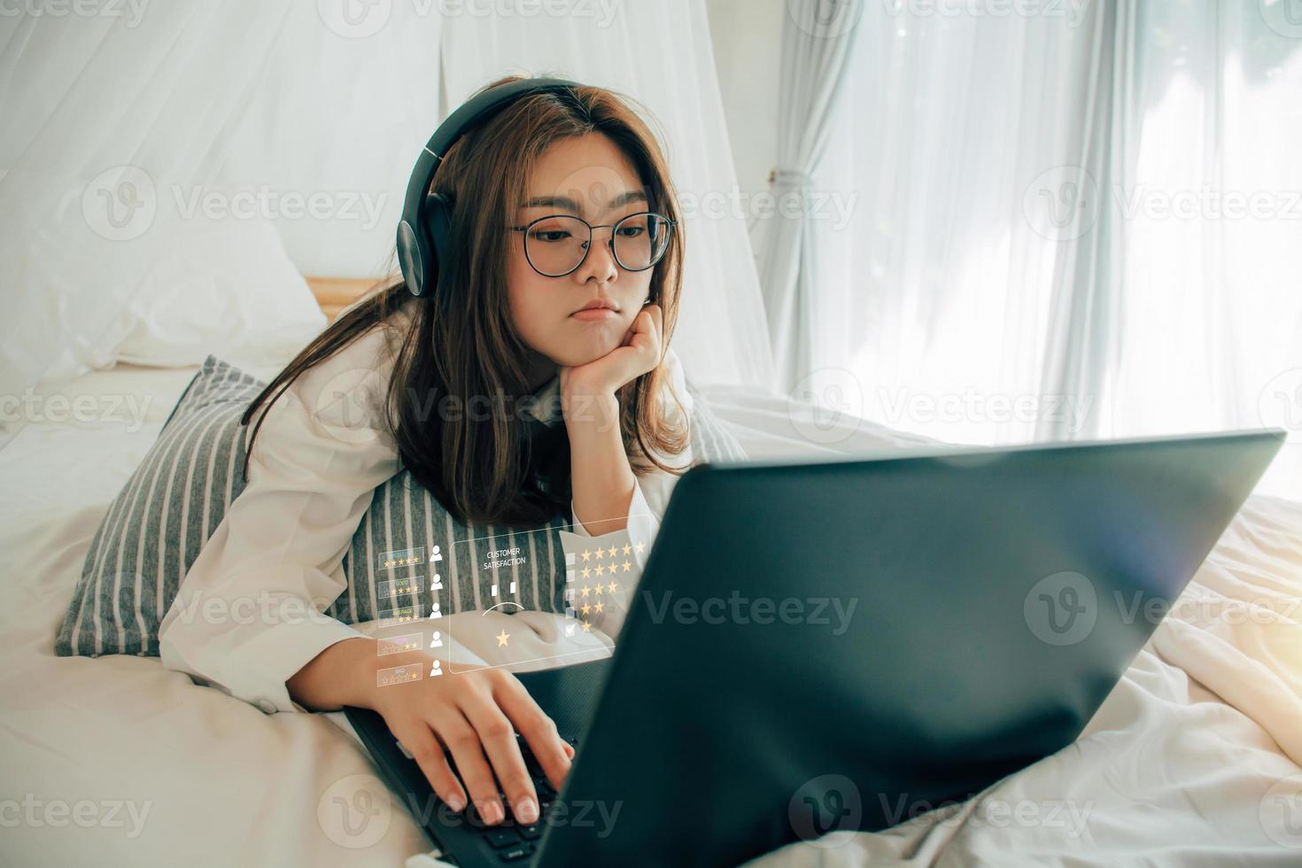 Customer Experience dissatisfied Concept, unhappy girl client with sadness emotion face on laptop, bad review bad service dislike low rating. Popup 1 star icon for feedback review satisfaction service photo