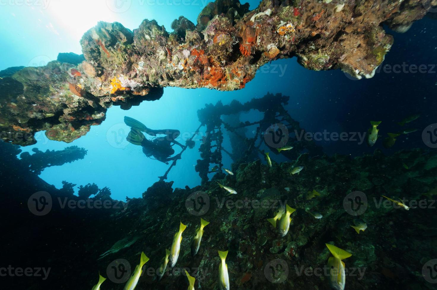 un escafandra autónoma buzo silueta terminado umbria ruina en rojo mar foto