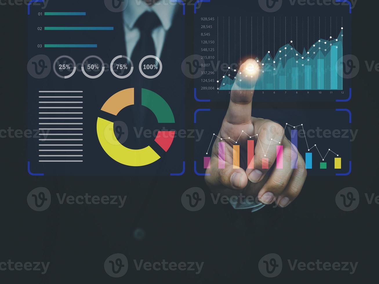 Business people using digital marketing technology Analyze investment growth data. Financial data, statistics and charts photo