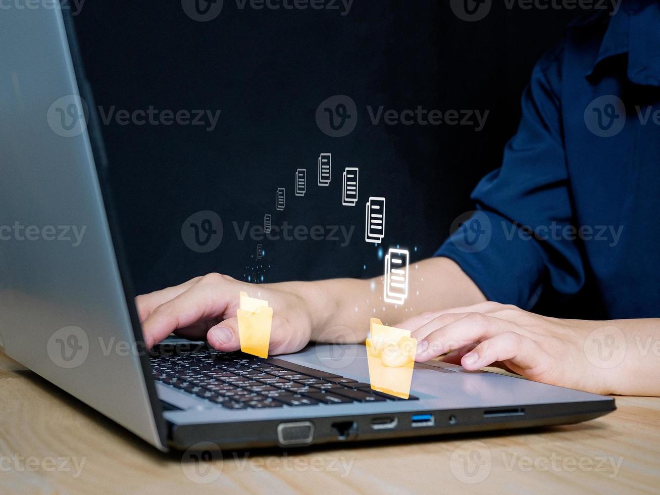 Businessman who is transferring data files data migration Backing up documents within the organization through a digital virtual window photo