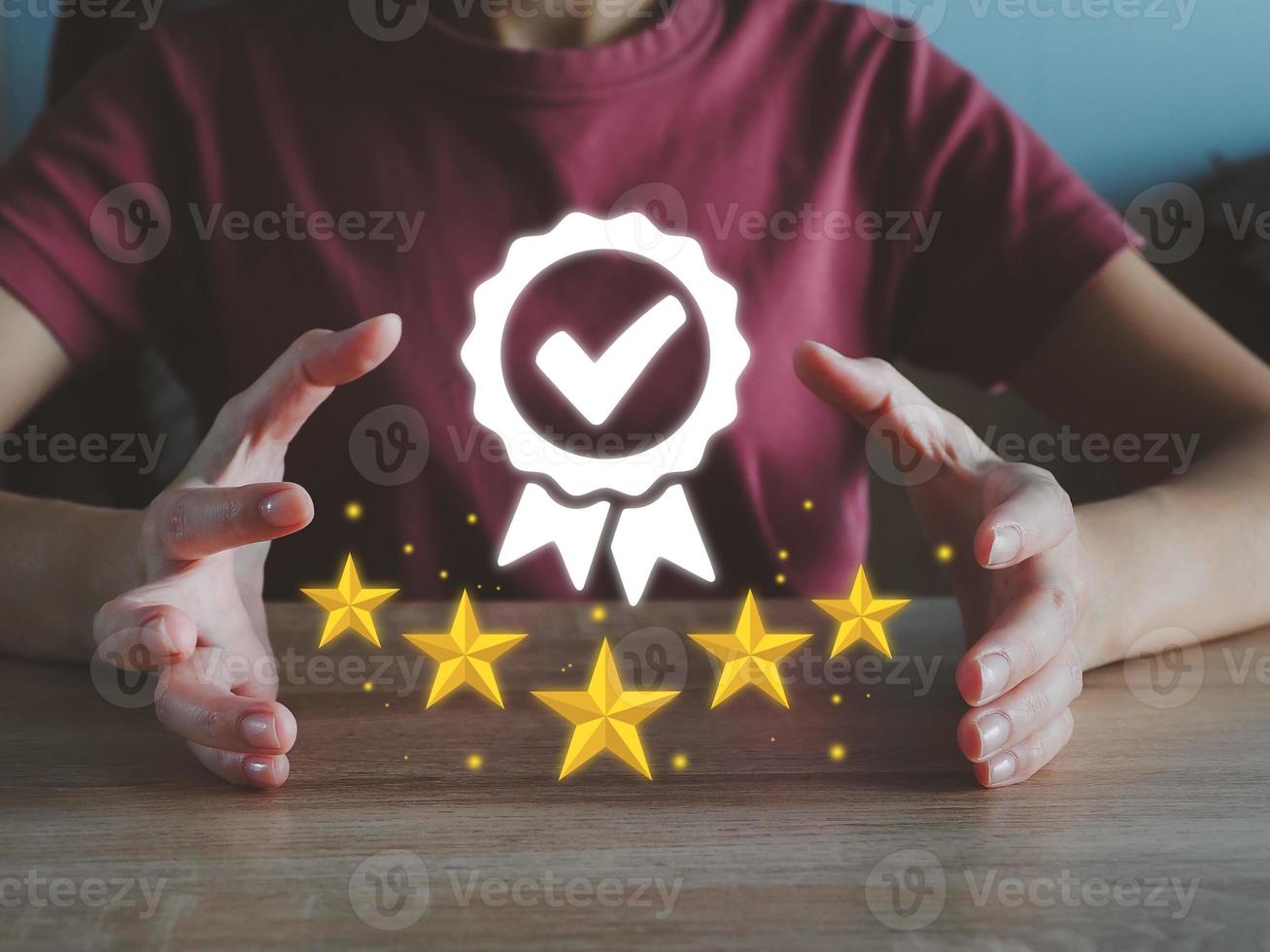 girl showing business idea ISO certification, quality assurance, 5 stars, international standards in doing business through the ISO icon. photo