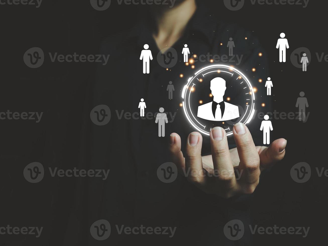 Male businessman who is showing human resource management with Global Structured Customer Network Technology online digital marketing Reaching Massive Users with Remote Connection Technology photo