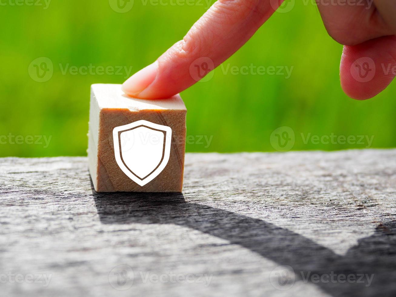 shield icon on access protection wooden block photo