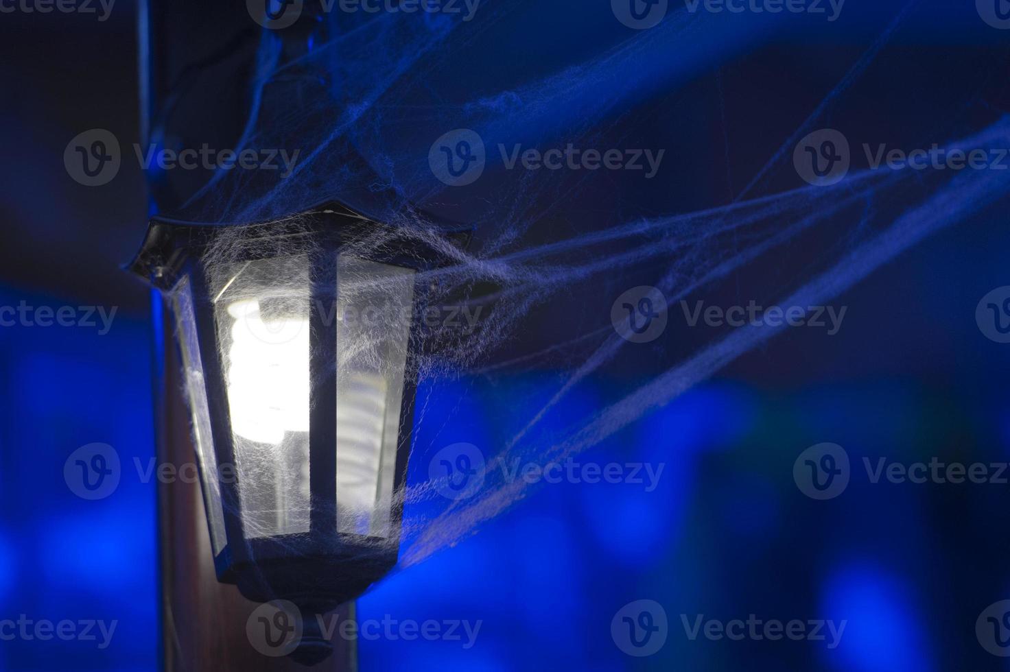 spider web covered lamp in the black background photo