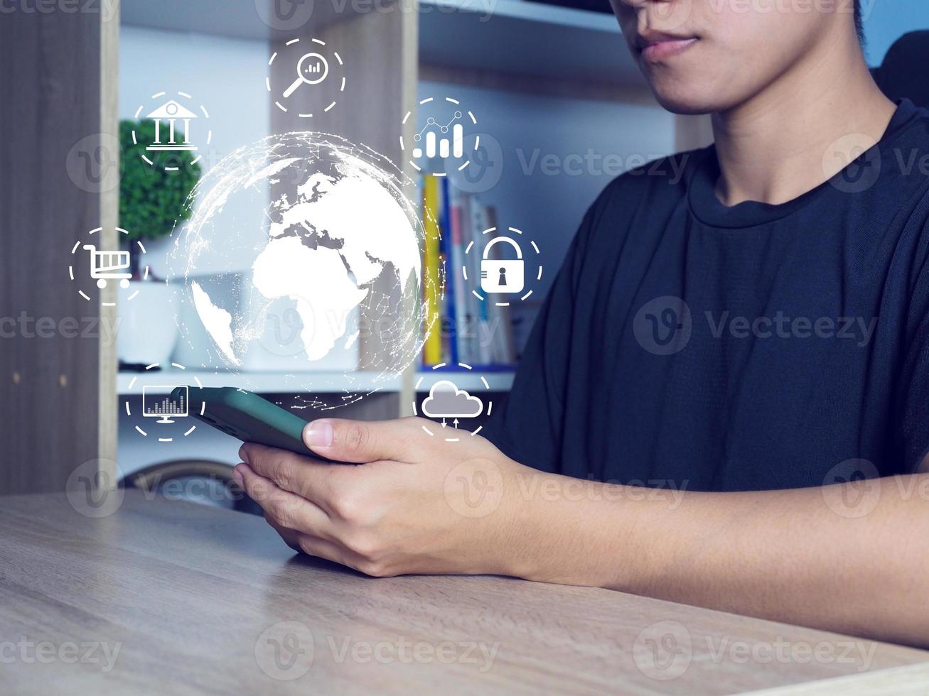 man using smartphone connect global internet technology investment, marketing photo