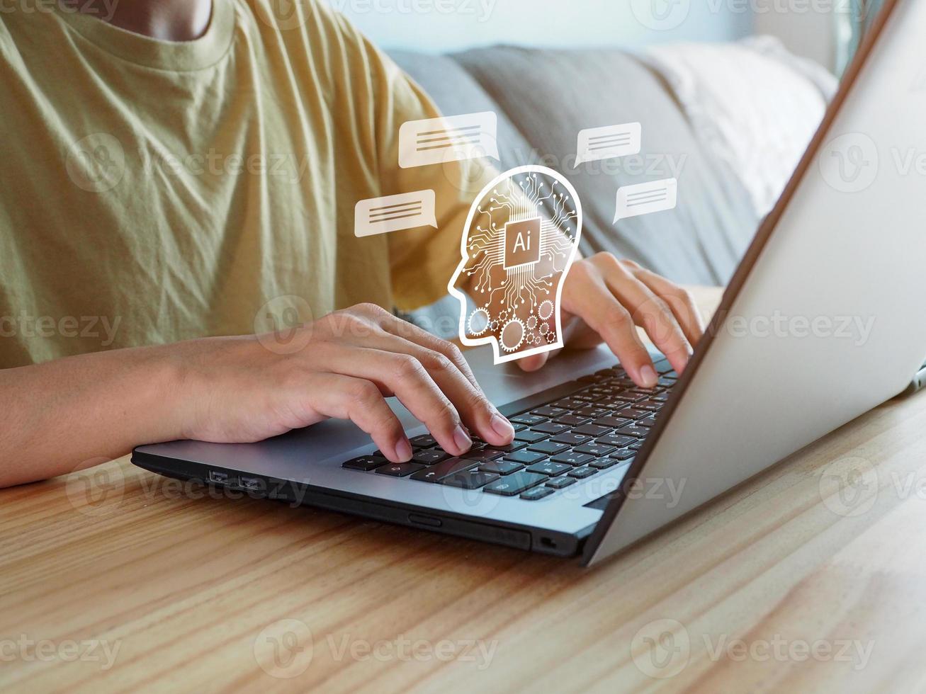 ChatGPT chat with artificial intelligence Man who is discussing marketing analytics. Future. Work by AI smart robot technology. photo