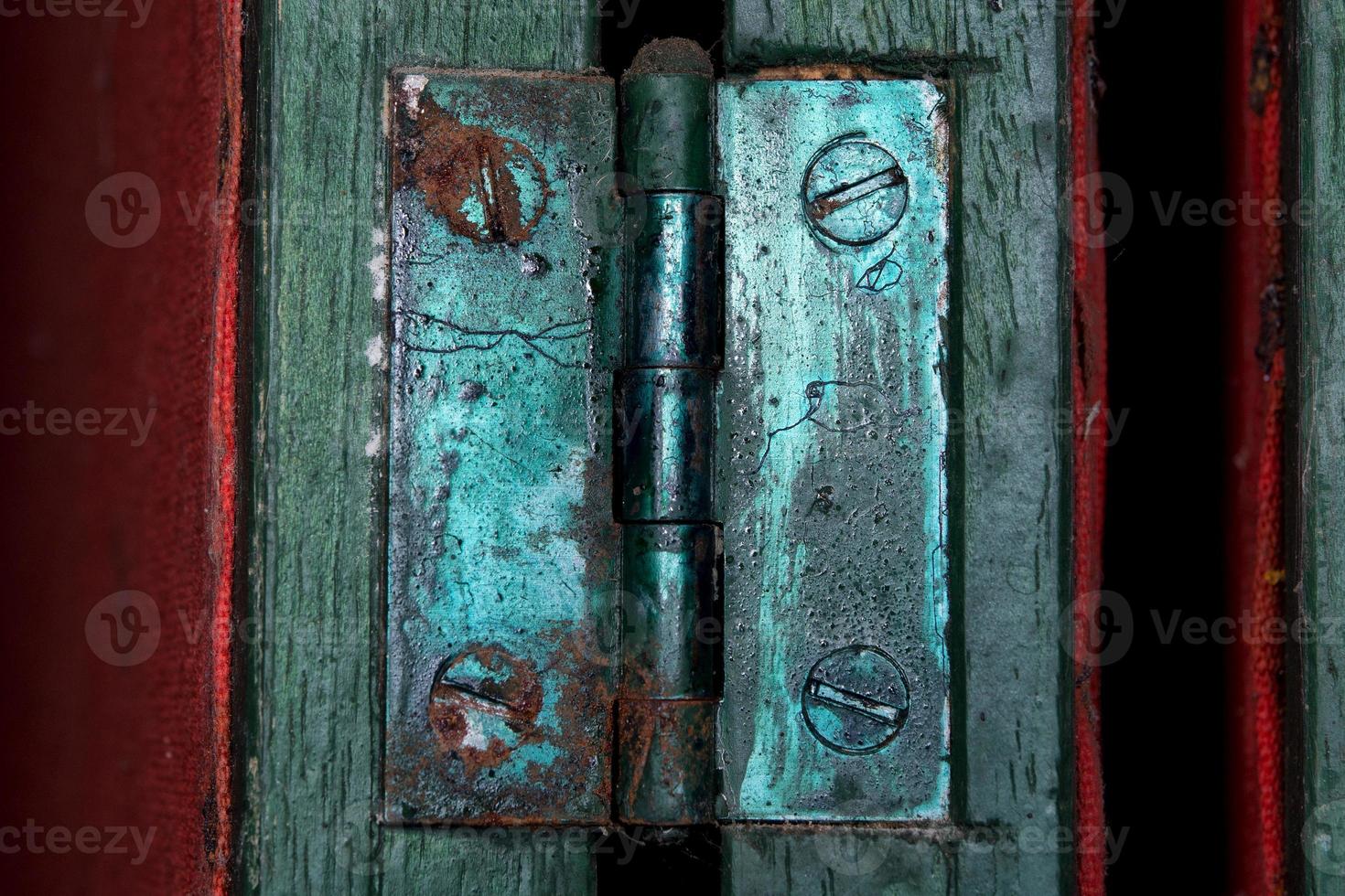 Green Painted Metallic hinge joint macro close up detail photo