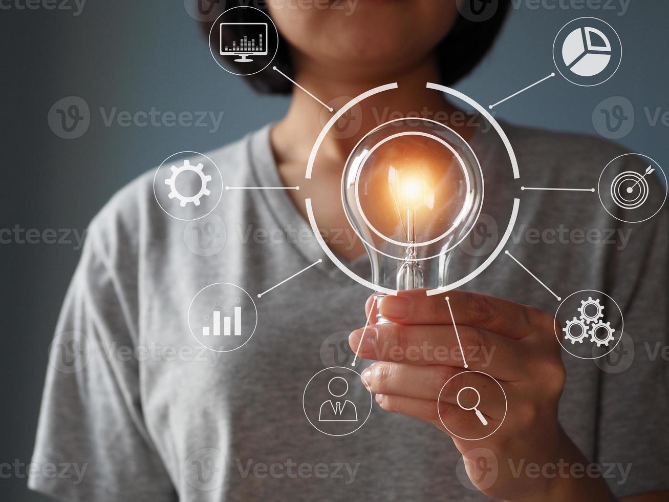 Light bulbs, new ideas with innovative technology and creativity with icons, creative growth business .With a light bulb that shines. photo