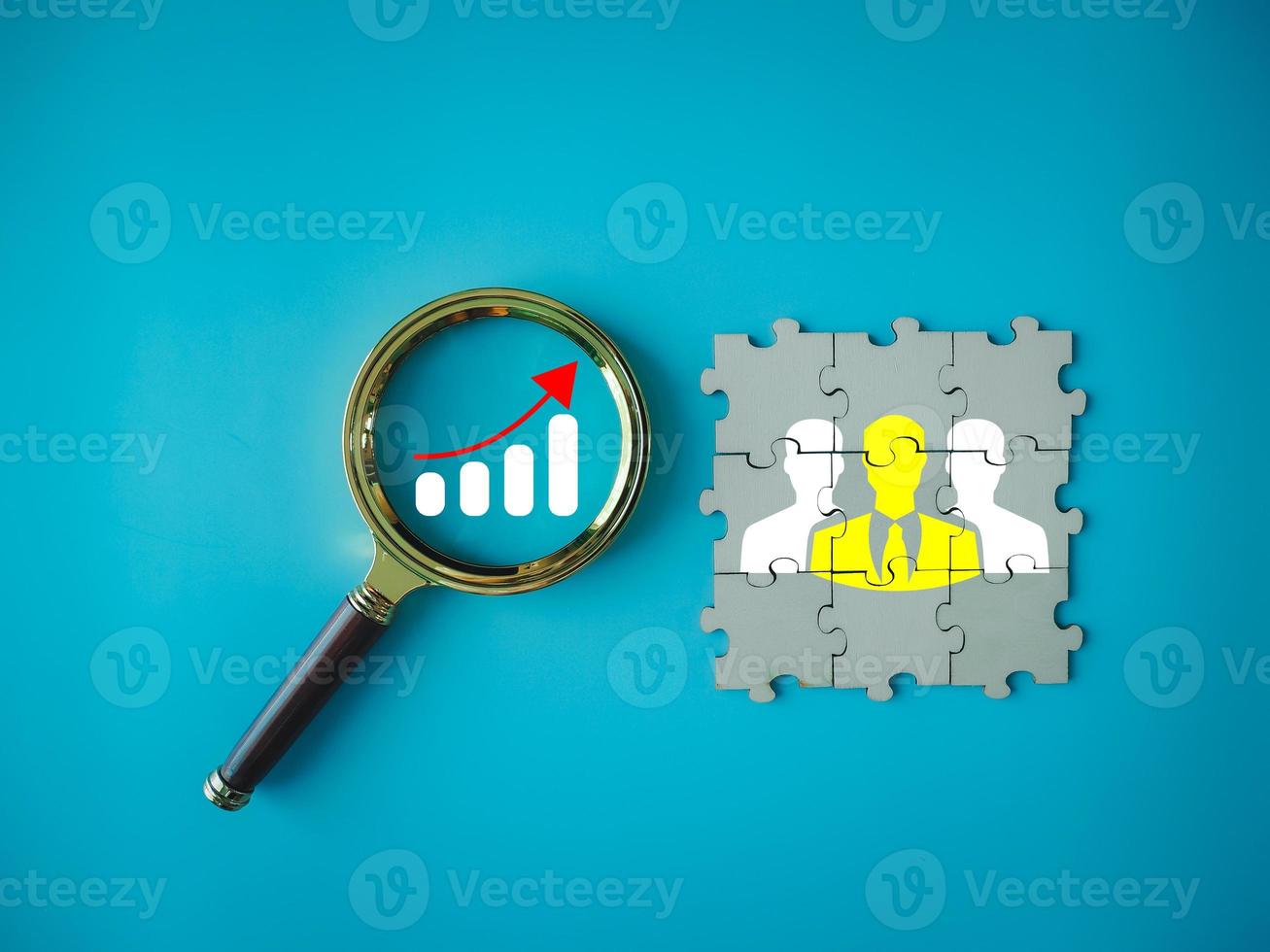 Team growth or team search to find work that makes it successful teamwork with people icon on jigsaw puzzle photo