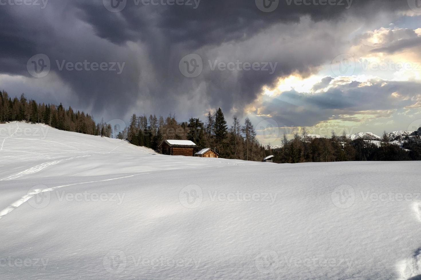 dolomites snow panorama wooden hut val badia armentara photo